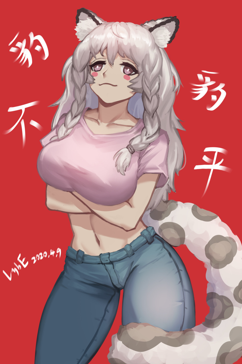 1girl absurdres alternate_costume animal_ear_fluff animal_ears arknights bangs blue_pants blush_stickers braid breasts collarbone commentary_request cowboy_shot crop_top crossed_arms denim grey_eyes highres jeans large_breasts leopard_ears leopard_tail long_hair lybe midriff navel pants pink_shirt pramanix_(arknights) red_background shirt short_sleeves silver_hair simple_background smile solo standing stomach tail thighs translation_request twin_braids