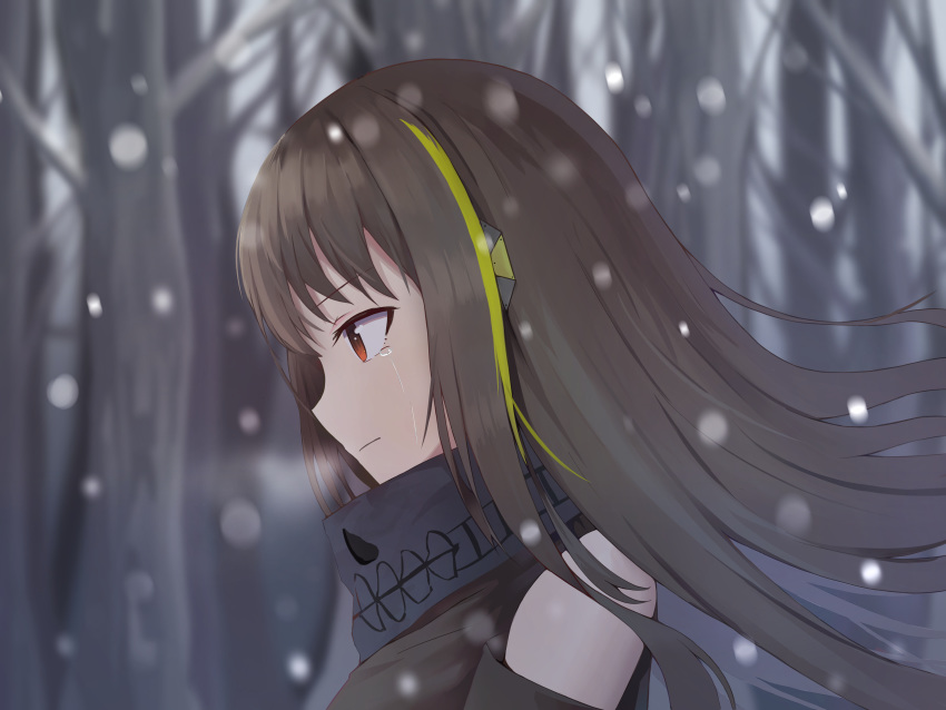 1girl absurdres bow brown_hair crying girls_frontline hair_bow highres i.ri jungle long_hair looking_down m4a1_(girls_frontline) multicolored_hair nature scarf simple_background snow solo tagme tears winter