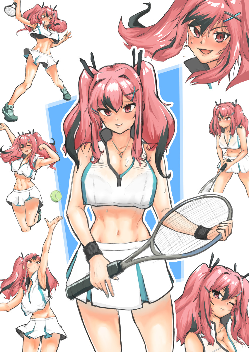 1girl absurdres arm_up azur_lane ball bangs bare_shoulders black_bra blush bow bra breasts bremerton_(azur_lane) bremerton_(scorching-hot_training)_(azur_lane) closed_eyes collared_shirt commentary cowboy_shot crop_top crop_top_overhang eyebrows_visible_through_hair grey_hair hair_between_eyes hair_bow hair_ornament hairclip heart heart_necklace highres holding_racket huge_filesize large_breasts long_hair looking_at_viewer looking_away looking_up midriff mole mole_under_eye multicolored_hair multiple_views navel one_eye_closed open_mouth parted_lips pink_hair pink_lips racket radioneet serious shirt sleeveless sleeveless_shirt sportswear standing standing_on_one_leg streaked_hair sweat tennis tennis_ball tennis_racket tennis_uniform twintails two-tone_hair two-tone_shirt two-tone_skirt underwear x_hair_ornament