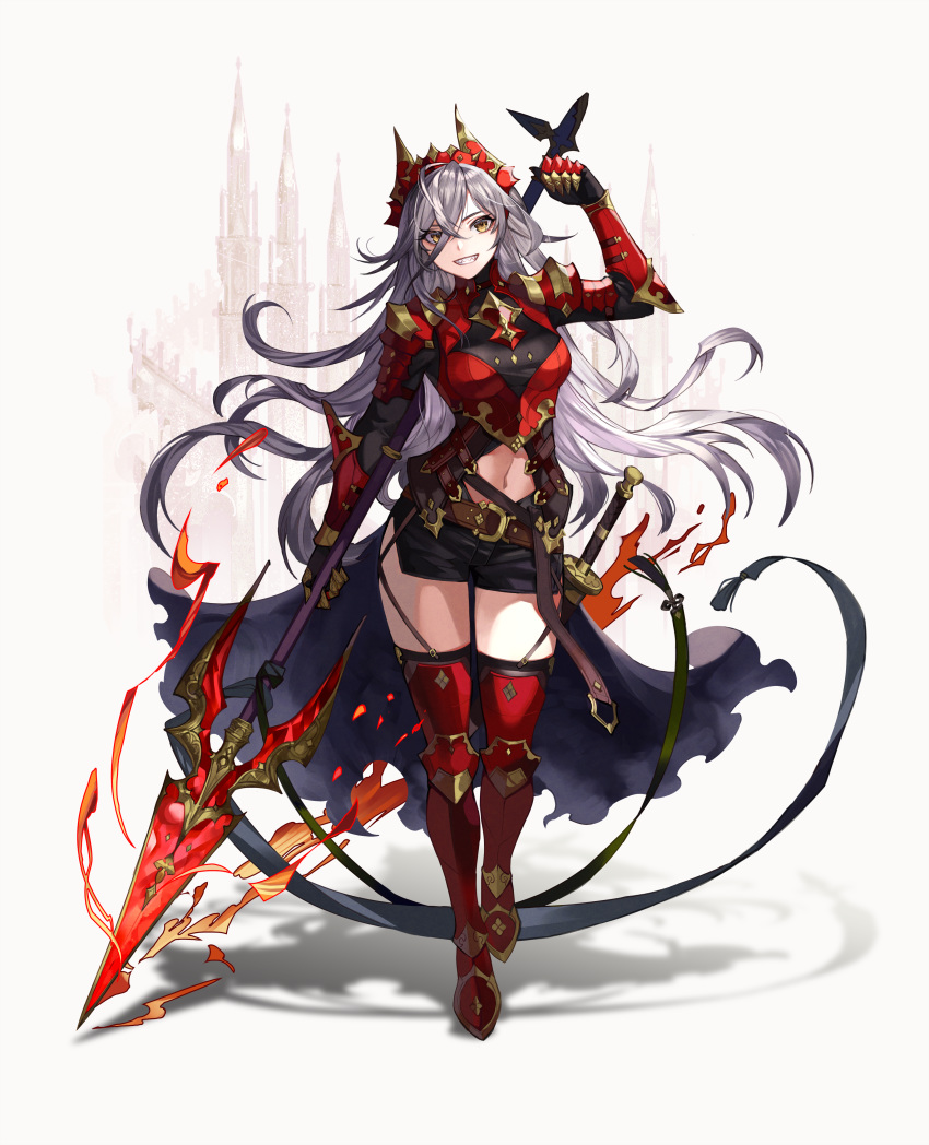 1girl absurdres arm_armor belt black_shorts breasts elran full_body gauntlets grey_hair highres holding holding_weapon long_hair looking_at_viewer medium_breasts navel navel_cutout original polearm shadow sharp_teeth sheath sheathed short_shorts shorts shoulder_armor smile solo spear sword teeth thigh-highs very_long_hair weapon white_background