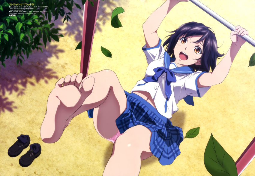 :d absurdres barefoot black_hair blue_bow blue_skirt bow brown_eyes feet foreshortening hanging highres himeragi_yukina leaf loafers midriff_peek navel official_art open_mouth outdoors panties pantyshot pink_panties pleated_skirt sailor_collar school_uniform shirt shoes shoes_removed short_sleeves skirt skirt_lift smile socks_removed strike_the_blood toes underwear upper_teeth white_shirt