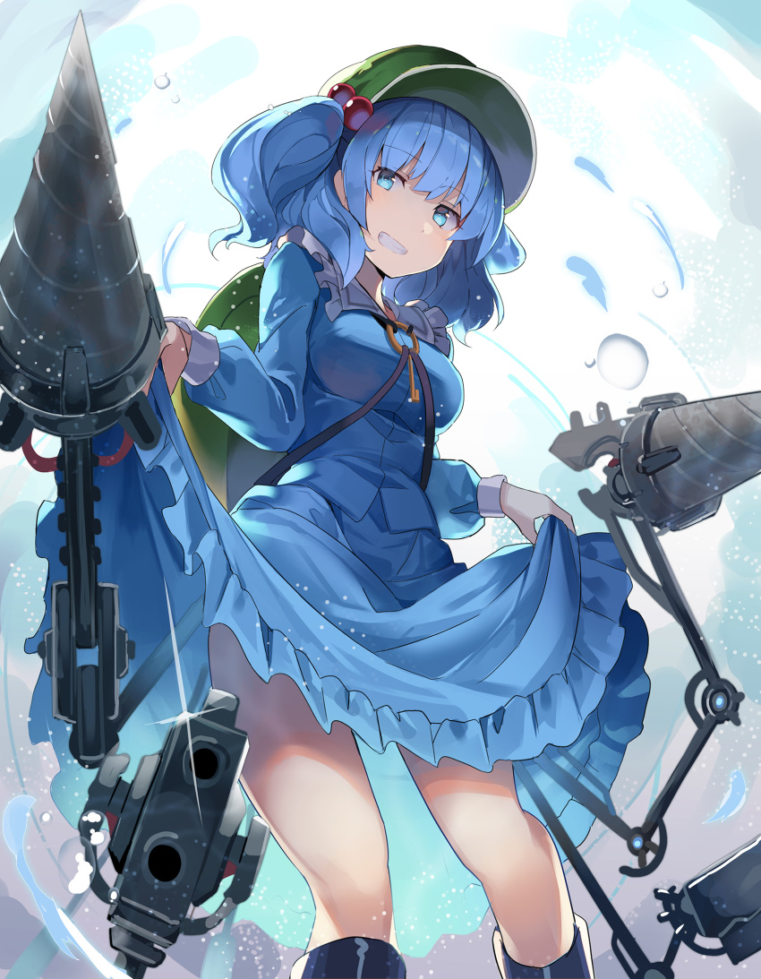 1girl bangs blue_dress blue_eyes blue_hair breasts cabbie_hat commentary_request dress drill eyebrows_visible_through_hair feet_out_of_frame frilled_shirt_collar frills green_headwear grin hair_bobbles hair_ornament hat highres kawashiro_nitori key long_sleeves looking_at_viewer medium_breasts rin_falcon short_hair skirt_hold smile solo standing thighs touhou two_side_up