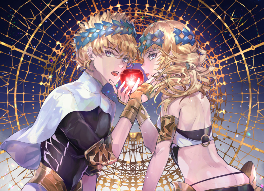 1boy 1girl apple armlet ass back black_shirt blonde_hair blue_background blue_eyes bracelet breasts bridal_gauntlets brother_and_sister castor_(fate/grand_order) diadem fate/grand_order fate_(series) food fruit gradient gradient_background jewelry looking_at_viewer medium_hair open_mouth pollux_(fate/grand_order) sagta_panggang shirt short_hair siblings small_breasts star_(sky) twins white_robe