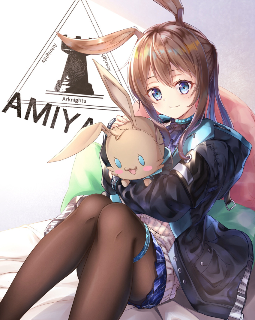 1girl amiya_(arknights) animal_ears arknights bangs black_jacket blue_choker blue_eyes blue_skirt brown_hair brown_legwear choker commentary_request feet_out_of_frame highres holding holding_stuffed_animal jacket long_hair long_sleeves looking_at_viewer miniskirt noan pantyhose pillow rabbit_ears sitting skirt smile solo stuffed_animal stuffed_bunny stuffed_toy thighlet