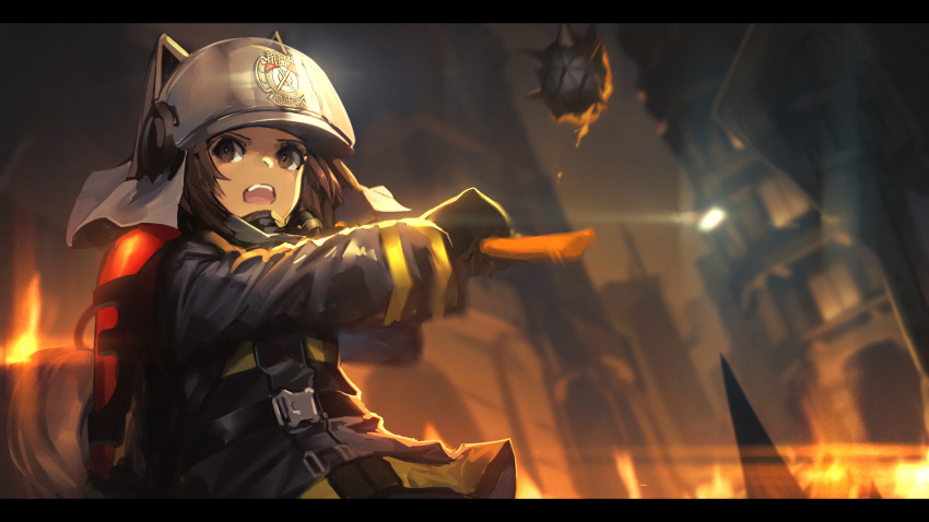 1girl animal_ears animal_ears_helmet arknights axe black_jacket blurry blurry_background brown_eyes brown_hair building burning commentary_request depth_of_field fake_animal_ears fire fire_axe fire_helmet fire_jacket firefighter fixro2n grey_headwear helmet highres holding holding_axe jacket letterboxed long_sleeves open_mouth outdoors shaw_(arknights) solo squirrel_tail tail upper_body
