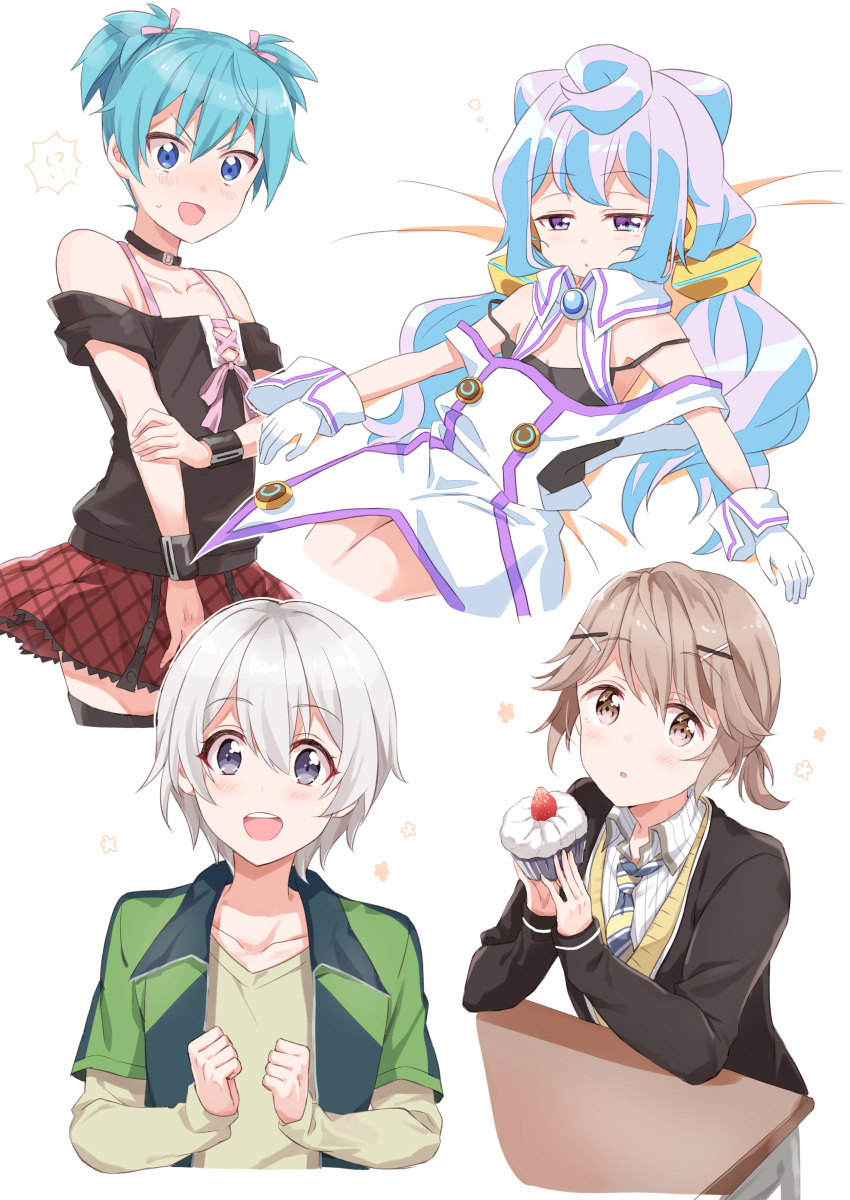 4boys absurdres ansatsu_kyoushitsu blue_eyes blue_hair blush brown_eyes cardigan crossdressinging crossover cupcake food gloves hacka_doll hacka_doll_3 hair_between_eyes highres light_brown_eyes light_brown_hair long_hair looking_at_viewer male_focus masamune-kun_no_revenge multiple_boys necktie open_mouth otoko_no_ko rayuse school_uniform shiota_nagisa short_twintails shuri_kojuurou silver_hair skirt smile totsuka_saika twintails violet_eyes white_gloves yahari_ore_no_seishun_lovecome_wa_machigatteiru.