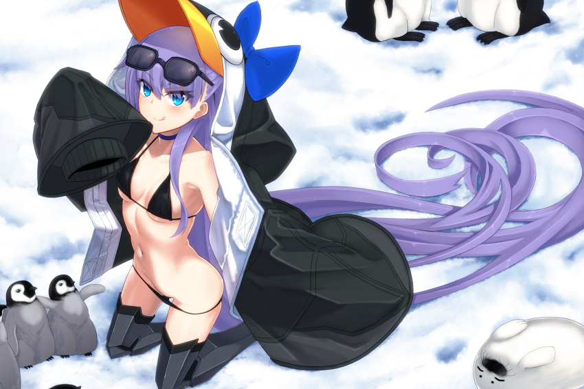 1girl animal_hood bangs bare_shoulders bikini bird black_bikini black_jacket blue_bow blue_eyes blush bow breasts choker closed_mouth collarbone eyewear_on_head fate/grand_order fate_(series) greaves hair_bow highres hood hood_up jacket kneeling legs licking_lips long_hair long_sleeves looking_at_viewer meltryllis meltryllis_(swimsuit_lancer)_(fate) navel open_clothes open_jacket penguin penguin_hood prosthesis prosthetic_leg purple_hair seal sleeves_past_fingers sleeves_past_wrists small_breasts smile snow solo sunglasses swimsuit tongue tongue_out uiu very_long_hair