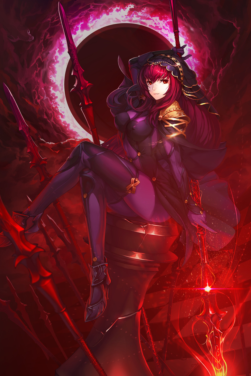 1girl armored_boots bodysuit boots breasts clouds covered_nipples crossed_legs d.i.a.z eclipse fate/grand_order fate_(series) field_of_blades gae_bolg highres holding holding_weapon large_breasts leotard long_hair looking_at_viewer outdoors pauldrons polearm purple_bodysuit purple_hair purple_leotard red_eyes scathach_(fate)_(all) scathach_(fate/grand_order) shoulder_armor sitting smile solo spear veil weapon