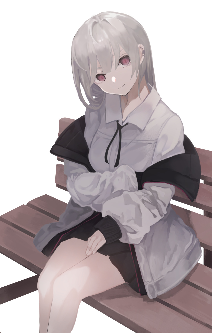1girl absurdres bangs bench black_skirt closed_mouth collared_shirt commentary_request ear_piercing feet_out_of_frame grey_hair hair_between_eyes head_tilt highres jacket light_smile long_hair long_sleeves looking_at_viewer ogami_ren on_bench open_clothes open_jacket original park_bench piercing pleated_skirt puffy_long_sleeves puffy_sleeves red_eyes shirt simple_background sitting sitting_on_bench skirt sleeves_past_wrists solo white_background white_jacket white_shirt