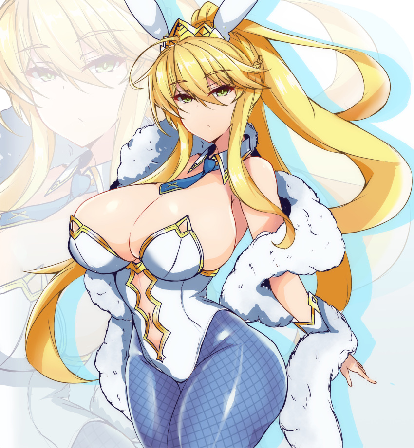 1girl absurdres animal_ears artoria_pendragon_(all) artoria_pendragon_(lancer) artoria_pendragon_(swimsuit_ruler)_(fate) blonde_hair blue_legwear blue_neckwear breasts bunnysuit detached_collar fate/grand_order fate_(series) feather_boa fishnet_legwear fishnets green_eyes hair_between_eyes highleg highleg_leotard highres huge_breasts leotard navel_cutout ponytail rabbit_ears sprout_(33510539) tiara white_leotard wrist_cuffs