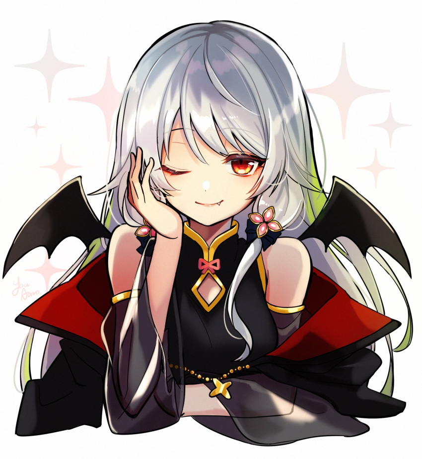 1girl ;) aononchi bangs bat_wings black_cape black_dress cape cropped_torso detached_sleeves dress fang green_hair grey_hair hair_ribbon hand_on_own_face head_rest highres long_hair looking_at_viewer morinaka_kazaki multicolored_hair nijisanji off_shoulder one_eye_closed red_eyes ribbon see-through see-through_sleeves sleeveless sleeveless_dress smile solo sparkle_background streaked_hair tress_ribbon vampire virtual_youtuber white_background wings