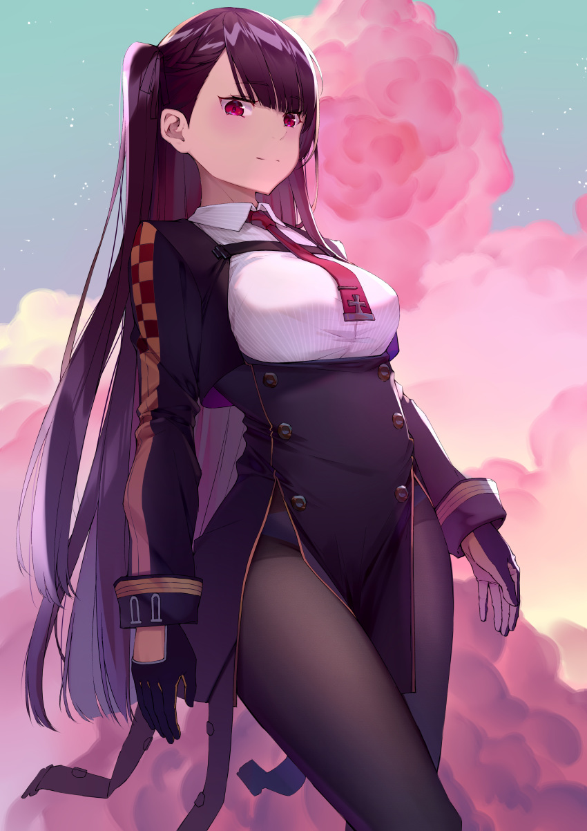 1girl absurdres arms_at_sides bangs black_gloves black_jacket black_legwear black_skirt blunt_bangs collared_shirt cropped_jacket feet_out_of_frame girls_frontline gloves high-waist_skirt highres jacket long_hair long_sleeves looking_at_viewer necktie one_side_up open_clothes open_jacket panties panties_under_pantyhose pantyhose purple_hair red_eyes red_neckwear ren_huozhe shirt skirt solo standing straight_hair underwear very_long_hair wa2000_(girls_frontline) white_panties white_shirt wing_collar