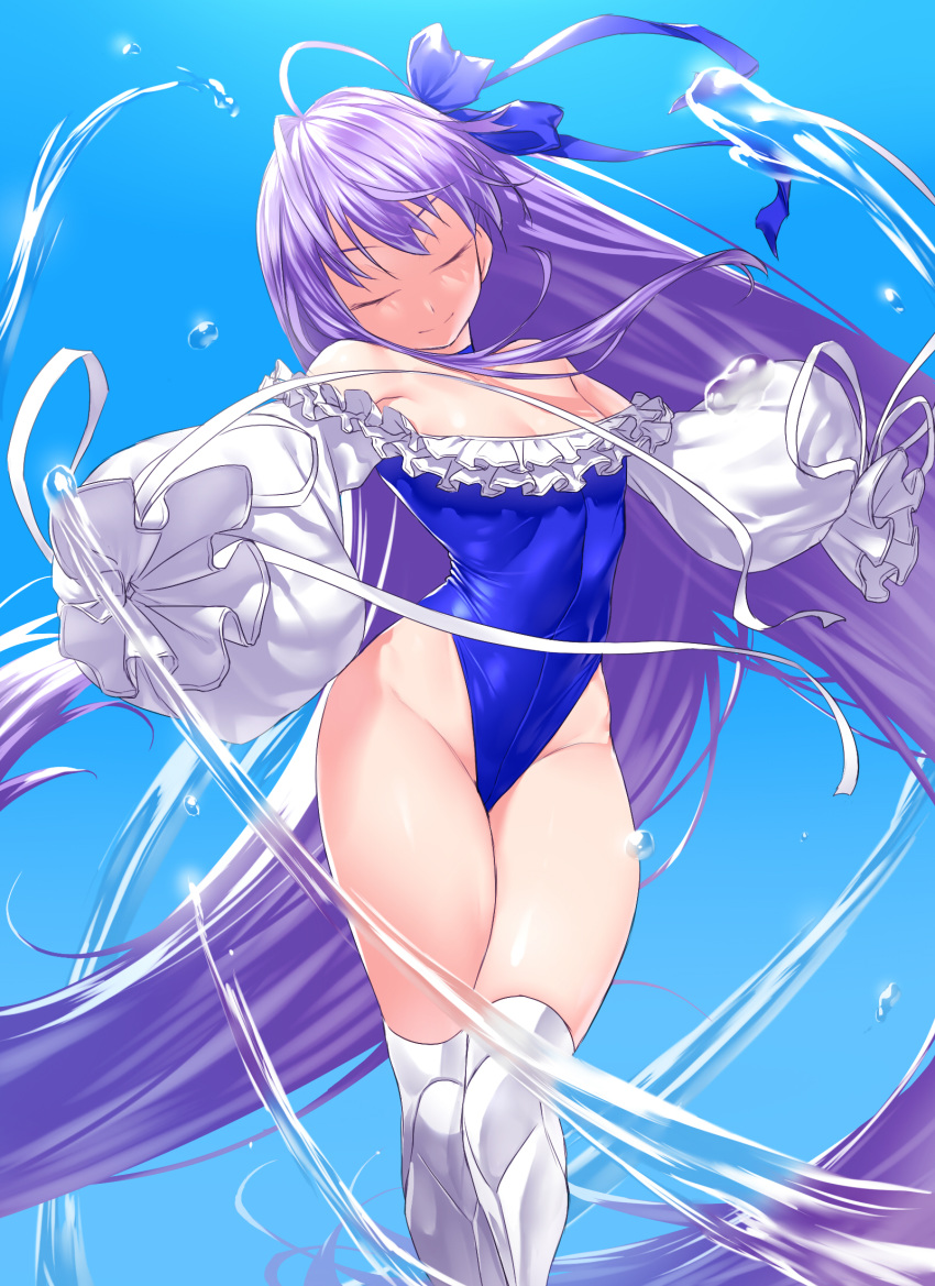 1girl bangs bare_shoulders blue_background blue_ribbon blue_swimsuit blush breasts closed_mouth covered_navel fate/grand_order fate_(series) frills greaves hair_between_eyes highleg highleg_swimsuit highres long_hair long_sleeves meltryllis meltryllis_(swimsuit_lancer)_(fate) one-piece_swimsuit onsoku_inu puffy_sleeves purple_hair ribbon small_breasts solo swimsuit thighs