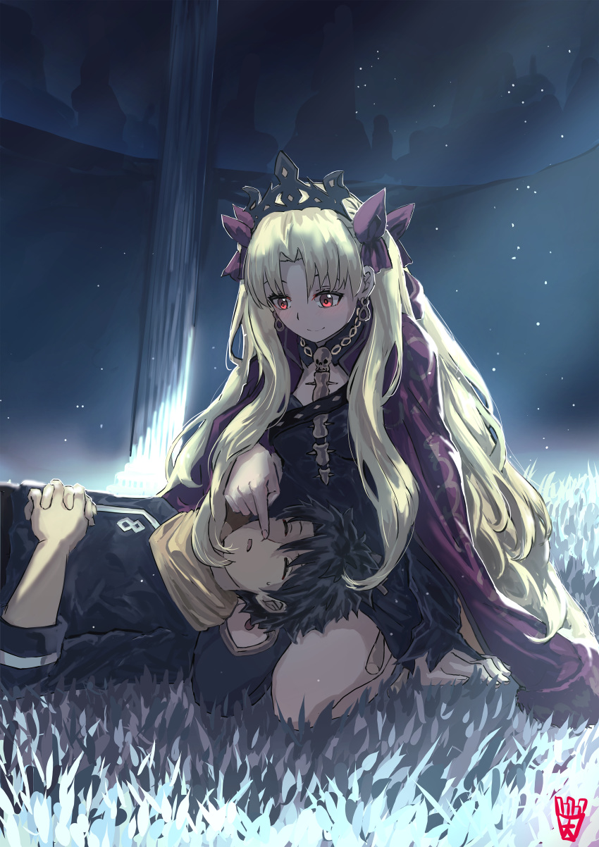 1boy 1girl absurdres black_hair black_skirt blonde_hair cape closed_eyes earrings ereshkigal_(fate/grand_order) fate/grand_order fate_(series) fujimaru_ritsuka_(male) grass hair_ornament hair_ribbon highres jewelry lap_pillow long_hair ootato purple_cape red_eyes ribbon scarf short_hair skirt sleeping smile tiara