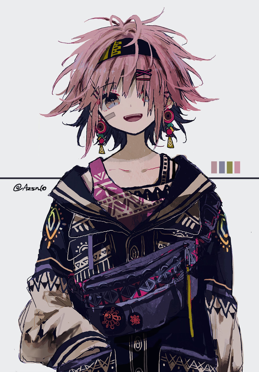 absurdres androgynous azsn10 grey_background hair_ornament hair_over_one_eye hairband hairclip hand_in_pocket highres looking_at_viewer open_mouth original pink_hair short_hair simple_background smile solo twitter_username upper_body