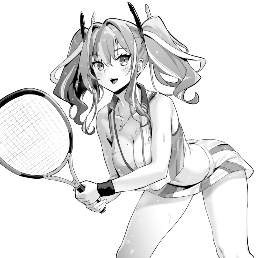 1girl azur_lane breasts bremerton_(azur_lane) bremerton_(scorching-hot_training)_(azur_lane) commentary_request crop_top crop_top_overhang greyscale hair_ornament heart heart_necklace holding_racket hori_(hori_no_su) large_breasts light_particles long_hair looking_at_viewer mole mole_on_breast mole_under_eye monochrome multicolored_hair open_mouth racket sportswear streaked_hair sweat tennis_racket tennis_uniform twintails two-tone_shirt two-tone_skirt x_hair_ornament