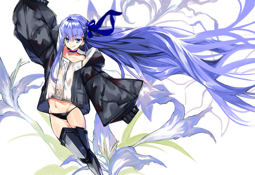 1girl absurdres artist_request bangs bare_shoulders bikini black_bikini black_jacket blue_eyes blue_ribbon blush breasts choker closed_mouth collarbone fate/grand_order fate_(series) flower greaves hair_ribbon highres hood hood_down hooded_jacket huge_filesize jacket licking_lips long_hair long_sleeves looking_at_viewer meltryllis meltryllis_(swimsuit_lancer)_(fate) prosthesis prosthetic_leg purple_hair ribbon sleeves_past_fingers sleeves_past_wrists small_breasts smile solo swimsuit thighs tongue tongue_out very_long_hair white_background