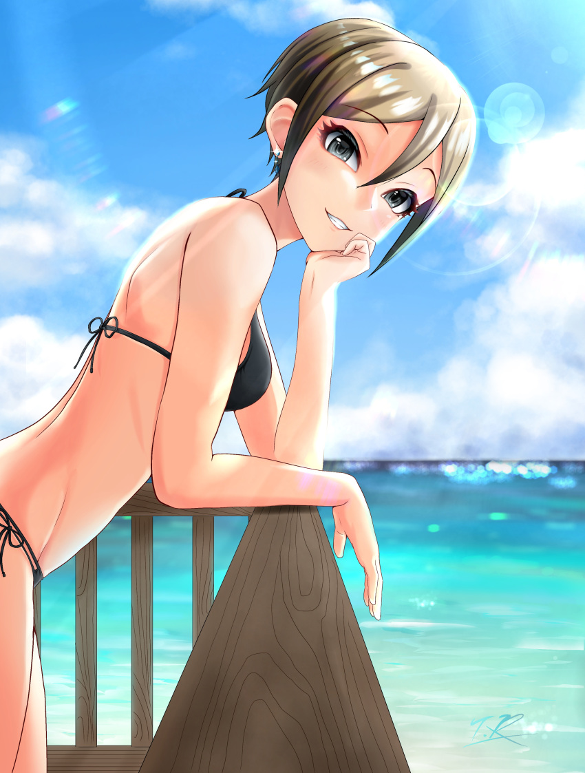 1girl :d =d absurdres arm_support bangs bare_arms bare_legs bikini black_bikini black_bikini_bottom black_bikini_top black_eyes blue_sky breasts chin_rest clouds deck earrings eyebrows_visible_through_hair grey_hair hair_between_eyes halterneck hand_on_own_chin hand_on_own_face highres idolmaster idolmaster_cinderella_girls jewelry looking_at_viewer medium_breasts ocean open_mouth outdoors shiomi_shuuko short_hair side-tie_bikini sky smile solo swimsuit varisr33gtr water wooden_railing