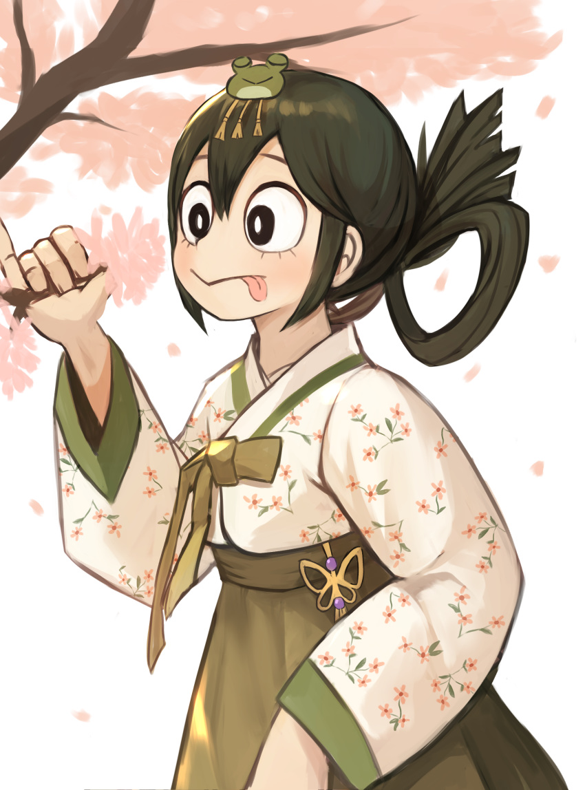 1girl absurdres asui_tsuyu black_eyes black_hair boku_no_hero_academia bright_pupils cherry_blossoms frog_hair_ornament hair_between_eyes hair_ornament hanbok highres korean_clothes long_hair long_sleeves ponytail simple_background solo sookmo tongue tongue_out tree upper_body white_background white_pupils