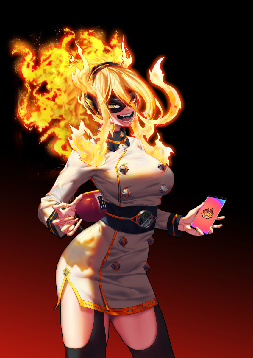 1girl absurdres belt black_legwear blonde_hair boku_no_hero_academia burnin_(boku_no_hero_academia) cellphone commentary_request domino_mask dress earmuffs fiery_hair fire garter_straps highres lips looking_at_viewer mask nose open_mouth phone ringed_eyes sharp_teeth short_dress side_slit smartphone solo studded sushispin taut_clothes taut_dress teeth thigh-highs uniform white_dress yellow_eyes