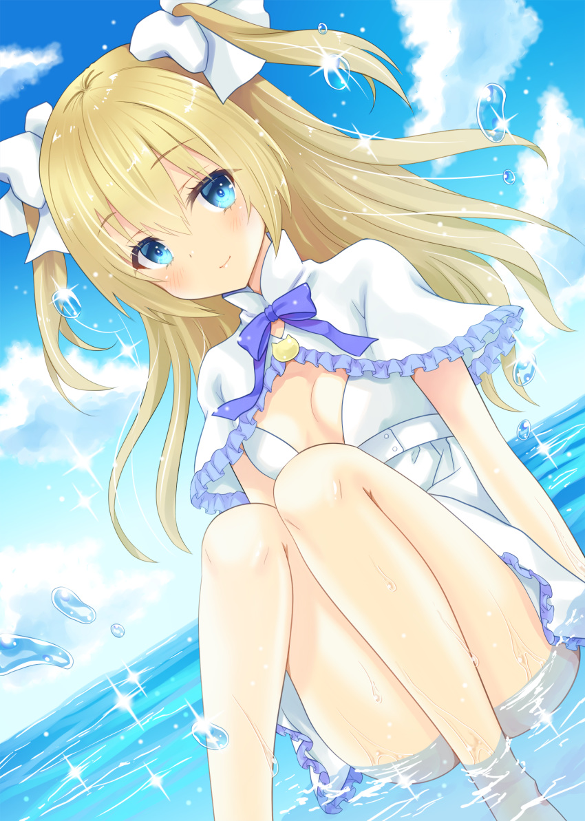 1girl ass bangs bare_legs blue_eyes blue_ribbon bow breasts clouds commentary_request day dress emori_el emori_miku_project eyebrows_visible_through_hair hair_bow highres in_water looking_at_viewer ocean outdoors ribbon sitting small_breasts smile solo uonuma_yuu water white_bow white_dress