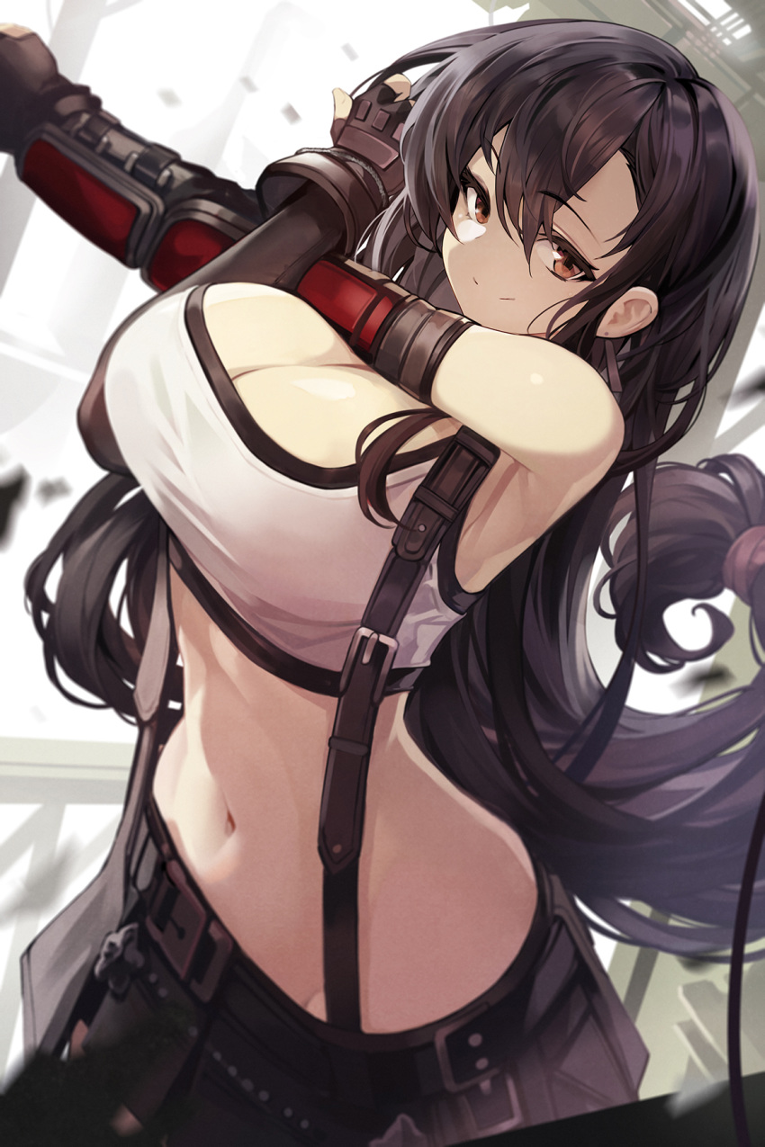 1girl bangs black_hair black_skirt breasts brown_eyes closed_mouth earrings elbow_pads final_fantasy final_fantasy_vii final_fantasy_vii_remake fingerless_gloves gloves goomrrat highres jewelry large_breasts long_hair looking_at_viewer low-tied_long_hair midriff pencil_skirt shirt skirt smile solo stretch suspender_skirt suspenders tank_top taut_clothes taut_shirt tifa_lockhart white_tank_top