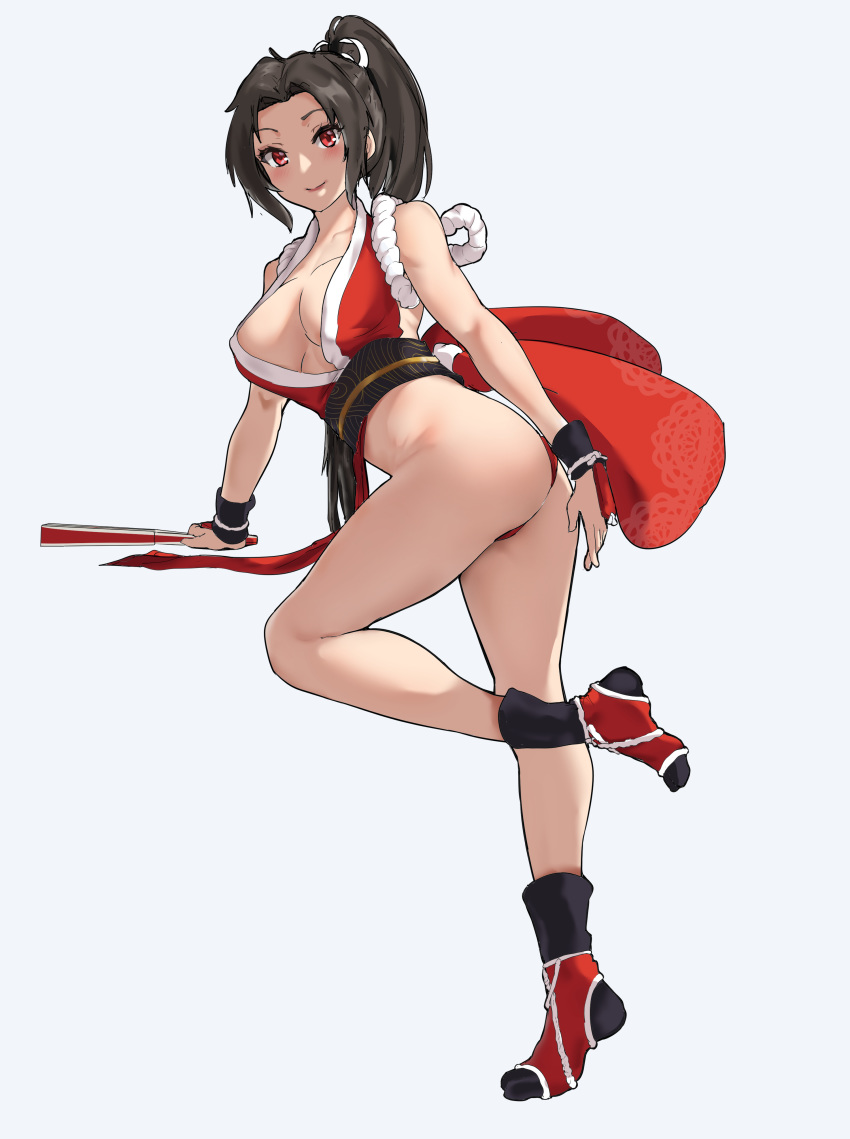 1girl 572816 absurdres bangs breasts fan fatal_fury full_body highres japanese_clothes large_breasts leg_up long_hair looking_at_viewer parted_bangs ponytail shiranui_mai smile solo the_king_of_fighters thighs tied_hair