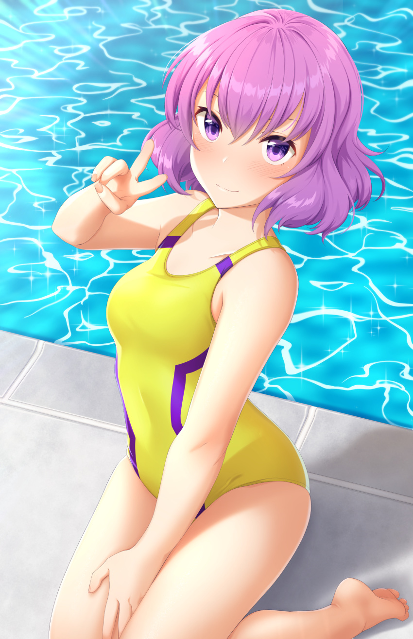 1girl absurdres commentary competition_swimsuit english_commentary full_body highres kawai_hanabi keijo!!!!!!!! kneeling looking_at_viewer one-piece_swimsuit pool poolside purple_hair short_hair solo swimsuit tiri v violet_eyes water wavy_hair yellow_swimsuit
