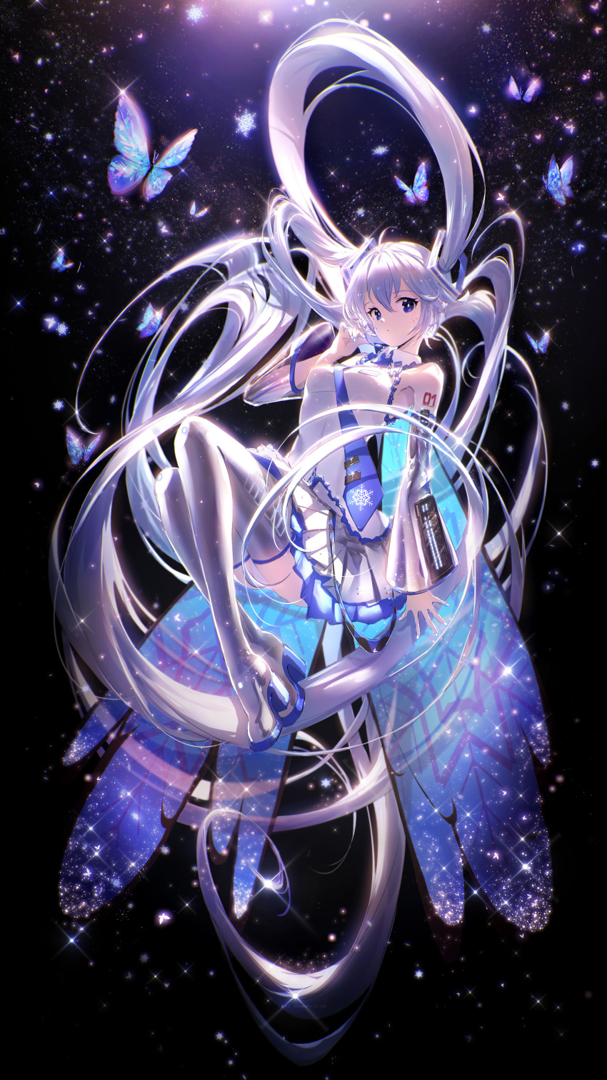 1girl absurdres ahoge bangs bare_shoulders black_background blue_butterfly blue_eyes blue_hair blue_nails blue_neckwear blue_skirt blue_wings boots breasts collared_shirt detached_sleeves floating floating_hair frills full_body grey_footwear grey_legwear grey_skirt grey_sleeves hair_ornament hatsune_miku highres insect_wings knees_up layered_skirt lengchan_(fu626878068) long_hair looking_at_viewer medium_breasts necktie panties shirt sidelocks skirt snowflakes sparkle thigh-highs thigh_boots twintails underwear very_long_hair vocaloid white_hair white_panties white_shirt wings yuki_miku yuki_miku_(2010)