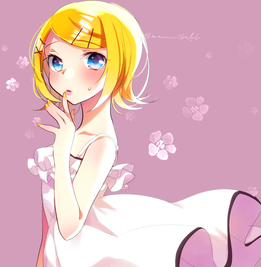 1girl adolescence_(vocaloid) bare_arms bare_shoulders blonde_hair blue_eyes blush camisole collarbone eyebrows_visible_through_hair finger_to_mouth flat_chest frilled_camisole hair_ornament hairclip kagamine_rin kawahara_chisato lips looking_at_viewer looking_to_the_side parted_lips short_hair shushing sketch solo spaghetti_strap sweatdrop vocaloid white_camisole yellow_nails