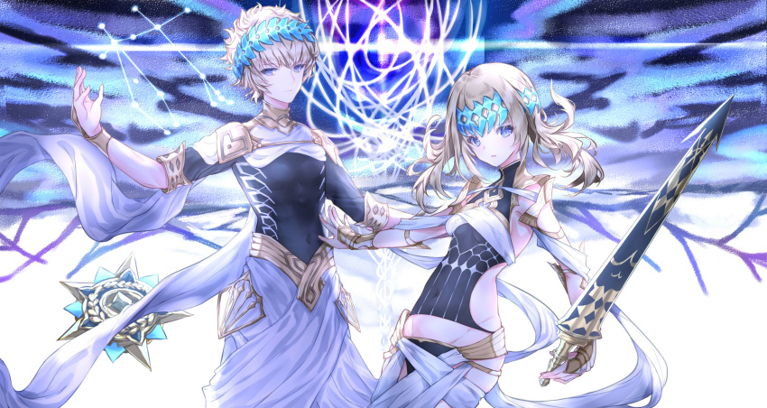 1boy 1girl armlet black_shirt blonde_hair blue_eyes blue_sky bracelet breasts bridal_gauntlets brother_and_sister castor_(fate/grand_order) closed_mouth collar constellation covered_navel diadem fate/grand_order fate_(series) highres jewelry medium_hair metal_collar pauldrons pollux_(fate/grand_order) purionpurion sash shirt short_hair siblings sky small_breasts sword twins weapon white_robe