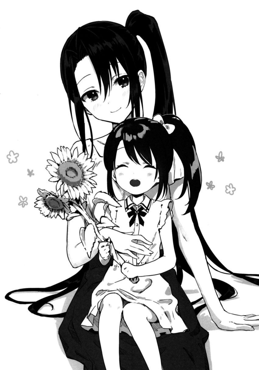 2girls alternate_costume closed_eyes dress flower greyscale hair_ribbon highres kantai_collection long_hair monochrome mother_and_daughter multiple_girls nachi_(kantai_collection) ototsu_kei ponytail ribbon side_ponytail sitting sitting_on_person smile sunflower