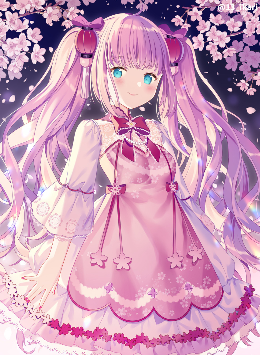 1girl bangs blue_eyes blush bow breasts cherry_blossoms closed_mouth commentary_request dress eyebrows_visible_through_hair flower hair_bow hair_ornament hatsune_miku highres ikari_(aor3507) long_hair long_sleeves nail_polish petals pink_bow pink_dress pink_flower pink_hair red_bow red_nails sakura_miku see-through small_breasts smile solo tree_branch twintails twitter_username very_long_hair vocaloid wide_sleeves
