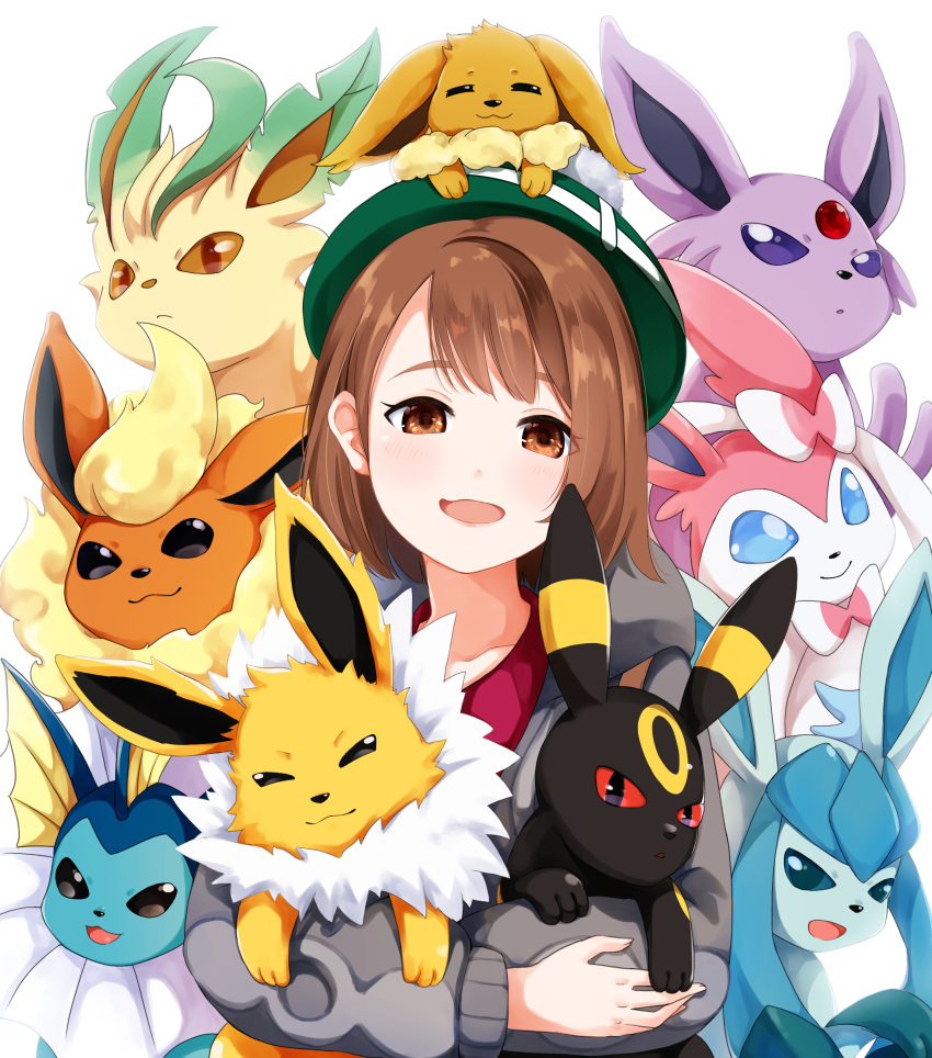 1girl absurdres brown_eyes brown_hair cardigan commentary_request eevee espeon flareon gen_1_pokemon gen_2_pokemon gen_4_pokemon gen_6_pokemon glaceon green_headwear grey_cardigan highres holding holding_pokemon jolteon leafeon long_sleeves looking_at_viewer open_mouth pokemon pokemon_(creature) pokemon_(game) pokemon_swsh short_hair simple_background smile solo sylveon tam_o'_shanter tsunamayo_(flying_cat) umbreon vaporeon white_background yuuri_(pokemon)