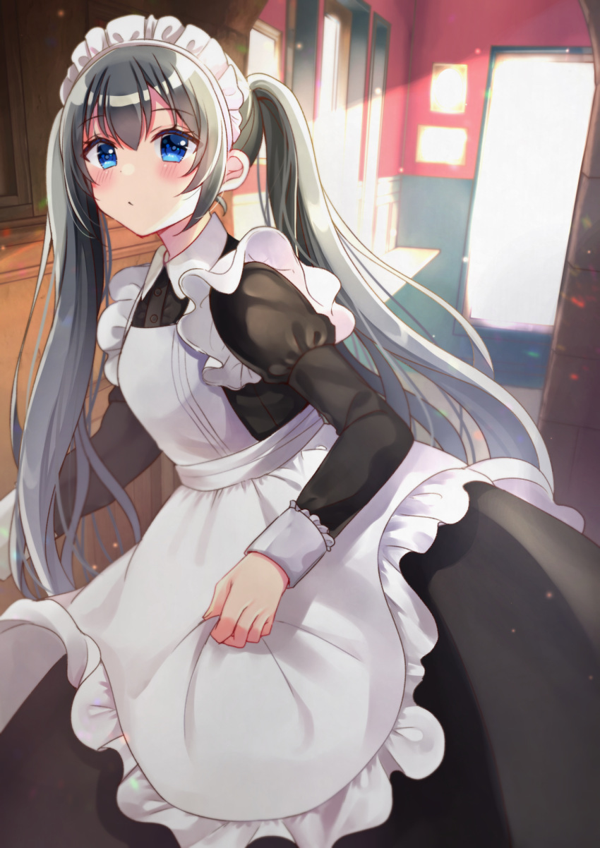 1girl apron backlighting bangs black_dress black_hair blue_eyes blurry blurry_background blush closed_mouth collared_dress commentary_request day depth_of_field dress eyebrows_visible_through_hair frilled_apron frills hair_between_eyes highres indoors juliet_sleeves long_hair long_sleeves looking_at_viewer maid maid_apron maid_headdress minami_saki original puffy_sleeves solo sunlight twintails very_long_hair white_apron window
