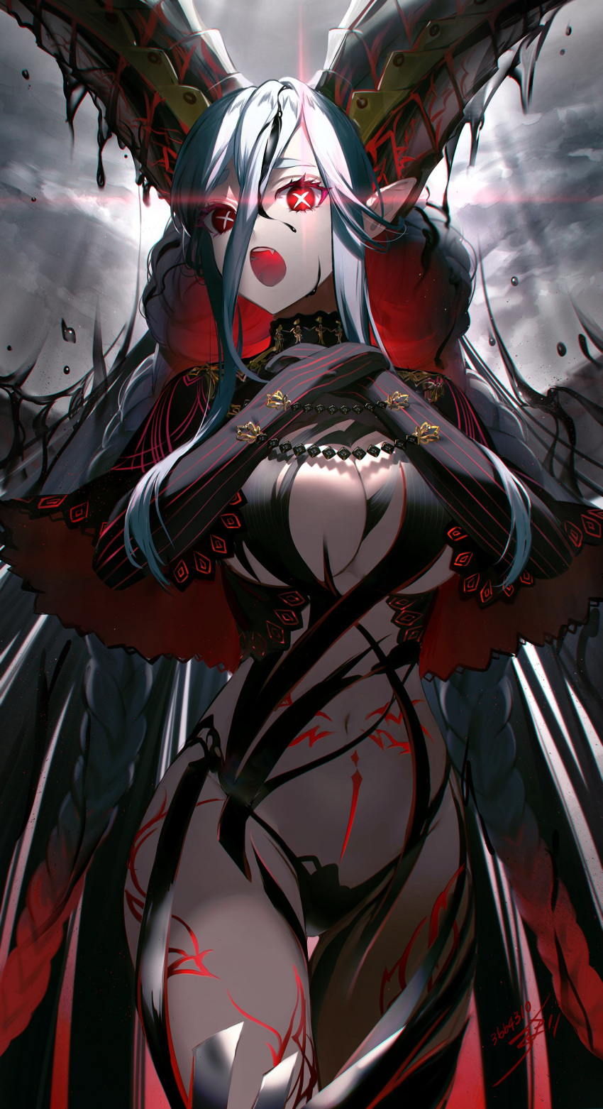 +_+ 1girl absurdres arms_around_neck braid curled_horns demon_girl fate/grand_order fate_(series) gloves glowing glowing_eye highres hoojiro horns light_blue_hair long_hair long_horns open_mouth pointy_ears pubic_tattoo red_eyes stomach_tattoo striped striped_gloves symbol-shaped_pupils tattoo tiamat_(fate/grand_order) twin_braids vertical-striped_gloves