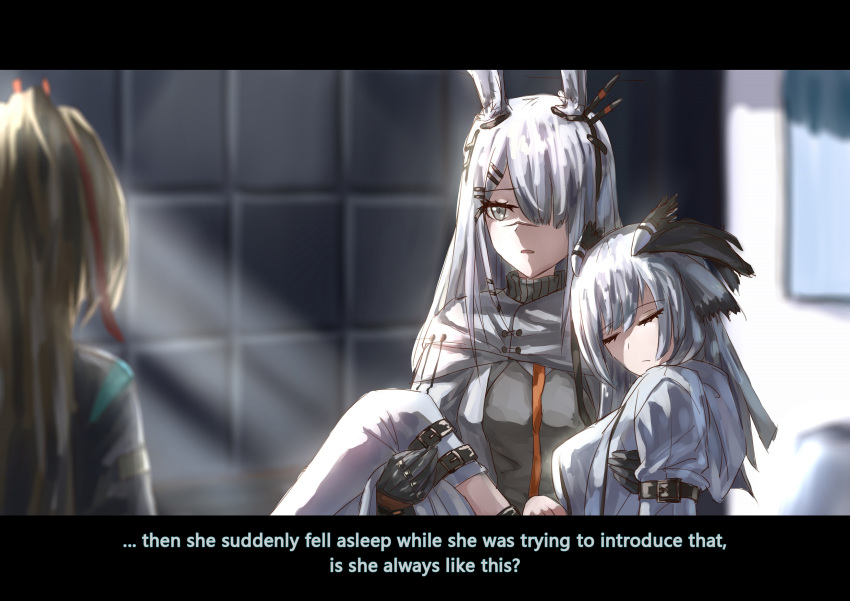 3girls animal_ears arknights carrying chinese_commentary cishi_nianshao doctor_(arknights) english_text facial_scar female_doctor_(arknights) frostnova_(arknights) highres indoors multiple_girls nose_scar office princess_carry ptilopsis_(arknights) rabbit_ears scar sleeping white_hair