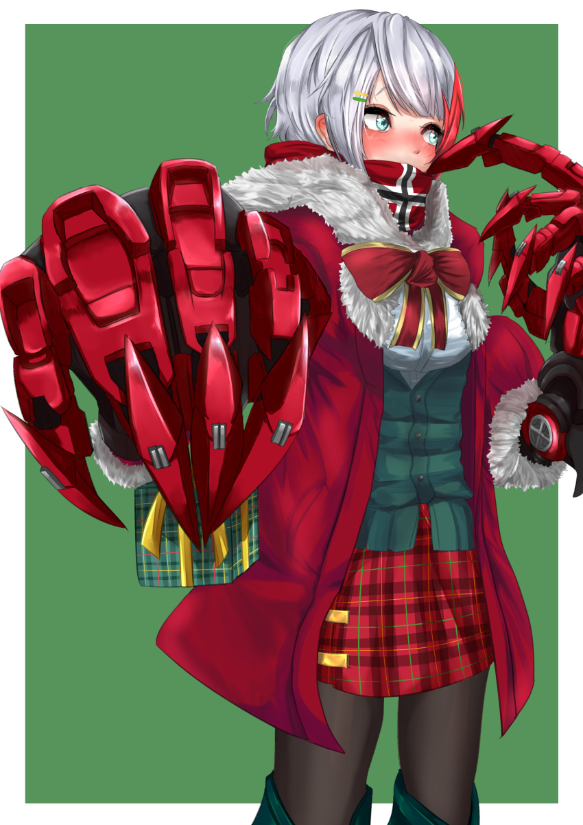 1girl absurdres admiral_graf_spee_(azur_lane) alternate_costume azur_lane black_legwear blue_eyes blush boots bow box breasts christmas coat commentary cowboy_shot ear_blush embarrassed foreshortening fur-trimmed_coat fur_trim gift gift_box green_background green_footwear green_vest hair_ornament hairclip highres kirigamine774 looking_away mechanical_arms medium_breasts miniskirt multicolored_hair pantyhose plaid plaid_skirt red_bow red_coat red_scarf red_skirt redhead scarf scarf_over_mouth scratching_cheek short_hair silver_hair simple_background skirt solo streaked_hair thigh-highs thigh_boots two-tone_hair vest