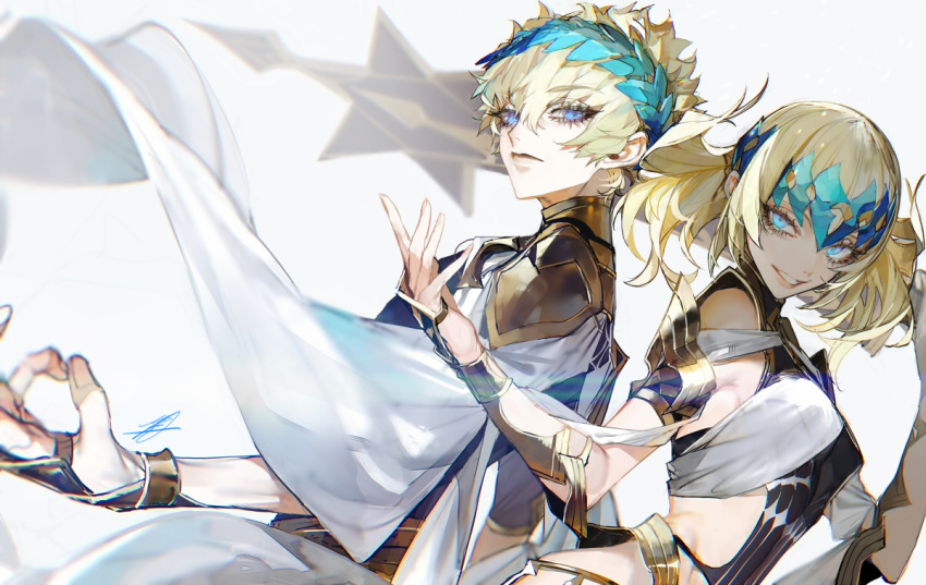 1boy 1girl arm_guards armlet au_(d_elite) black_shirt blonde_hair blue_eyes bracelet breasts bridal_gauntlets brother_and_sister castor_(fate/grand_order) closed_mouth collar diadem expressionless fate/grand_order fate_(series) grin jewelry medium_hair metal_collar pauldrons pollux_(fate/grand_order) shirt short_hair siblings signature simple_background small_breasts smile twins white_background white_robe