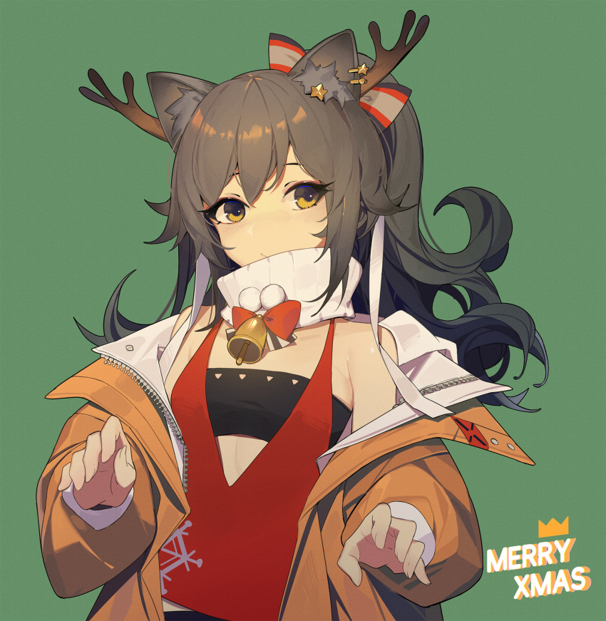 1girl alternate_costume animal_ear_fluff animal_ears antlers arknights bandeau bangs bare_shoulders bell black_hair bow brown_eyes brown_jacket cat_ears detached_collar fake_antlers green_background hair_bow highres jacket long_hair long_sleeves looking_at_viewer merry_christmas mongarit off_shoulder open_clothes open_jacket red_bow schwarz_(arknights) simple_background solo strapless tubetop turtleneck upper_body