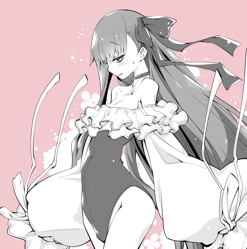 1girl bangs bare_shoulders blush breasts choker closed_mouth collarbone fate/grand_order fate_(series) frills greyscale hair_ribbon highleg highleg_swimsuit highres licking_lips long_hair long_sleeves looking_at_viewer meltryllis meltryllis_(swimsuit_lancer)_(fate) mikage_(curry_berg_dish) monochrome off-shoulder_swimsuit one-piece_swimsuit pink_background puffy_sleeves ribbon simple_background sleeves_past_fingers sleeves_past_wrists small_breasts smile solo swimsuit thighs tongue tongue_out very_long_hair