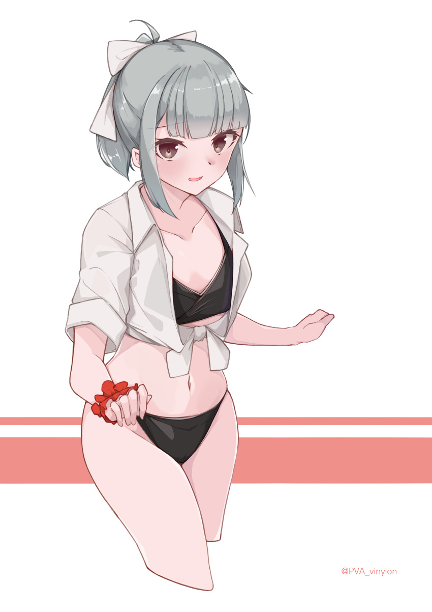 1girl absurdres black_swimsuit collarbone commentary_request cowboy_shot cropped_legs flat_chest grey_hair highres kantai_collection looking_at_viewer ponytail red_scrunchie scrunchie shirt short_hair sidelocks solo swimsuit tied_shirt two-tone_background uut white_background white_shirt wrist_scrunchie yuubari_(kantai_collection)
