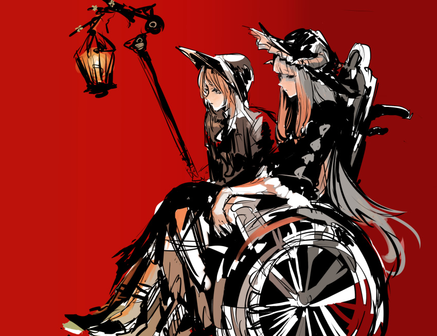 2girls arknights bangs blonde_hair bloodborne blunt_bangs bonnet closed_eyes hat highres horns lantern long_hair multiple_girls nightingale_(arknights) osakana_(denpa_yun'yun) plain_doll red_background simple_background sitting sketch staff wheelchair