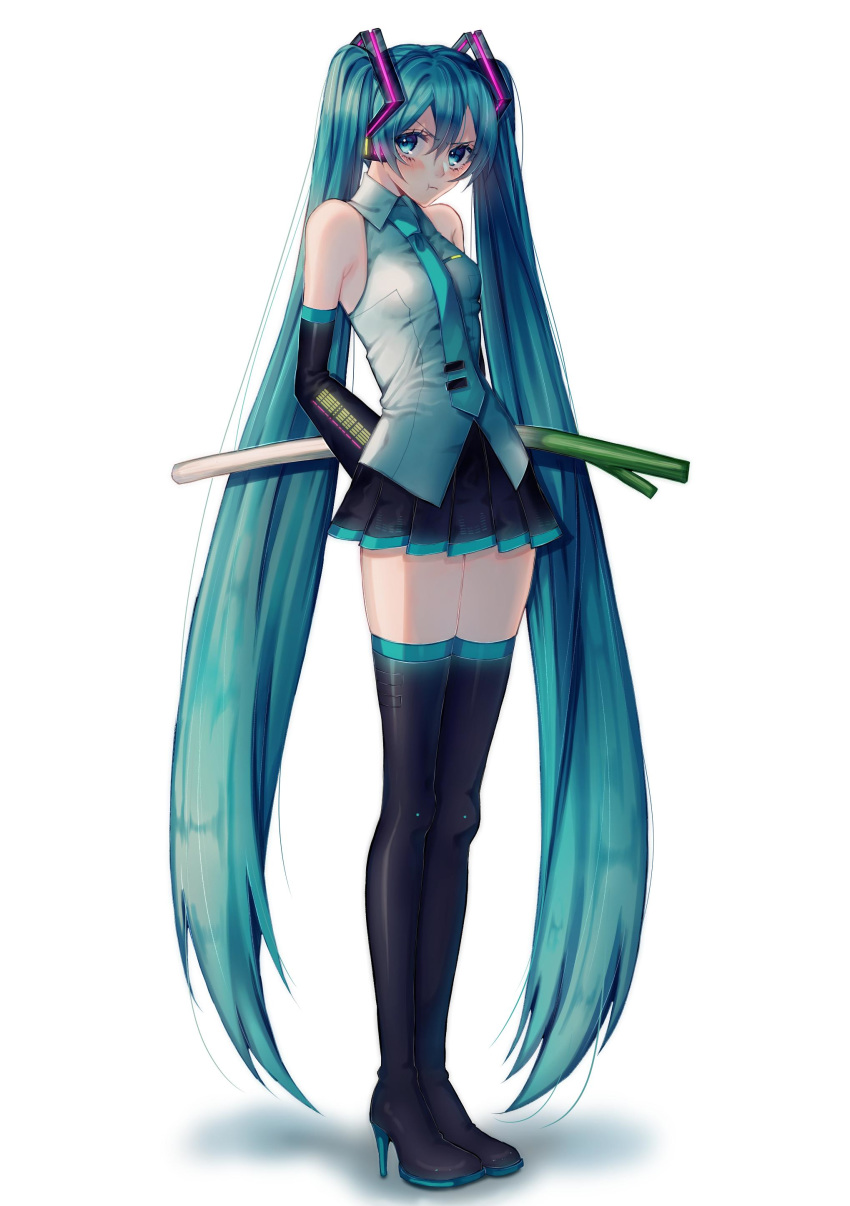 1girl absurdres aqua_eyes aqua_hair aqua_neckwear arms_behind_back bare_shoulders black_legwear black_skirt black_sleeves boots detached_sleeves frown full_body grey_shirt hair_ornament hatsune_miku headphones high_heels highres holding_spring_onion long_hair looking_at_viewer necktie shadow shirt sidelighting skirt sleeveless sleeveless_shirt solo thigh-highs thigh_boots twintails ume_neko_(otaku-nyanko) v-shaped_eyebrows very_long_hair vocaloid white_background zettai_ryouiki