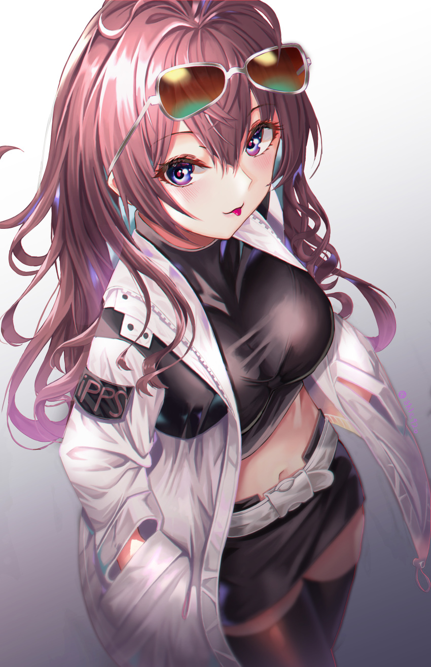 1girl absurdres belt black_shirt black_skirt blue_eyes blurry breasts brown_hair brown_legwear coat crop_top cup6542 eyewear_on_head from_above gradient gradient_background hands_in_pockets highres ichinose_shiki idolmaster idolmaster_cinderella_girls large_breasts lipps_(idolmaster) long_hair long_sleeves looking_at_viewer midriff miniskirt navel open_clothes open_coat pencil_skirt shirt skirt solo sunglasses thigh-highs tongue tongue_out white_coat zettai_ryouiki