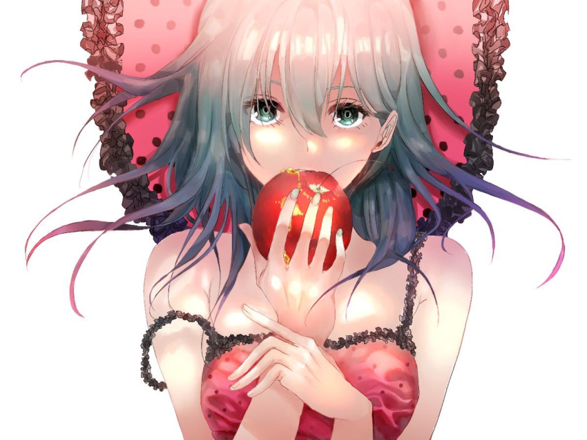 1girl anzu_(akap1) apple aqua_eyes aqua_hair bare_shoulders biting bloom camisole crossed_wrists eating eyelashes food frilled_pillow frills fruit hair_down hands_on_own_chest hatsune_miku head_on_pillow holding holding_food holding_fruit lace-trimmed_camisole lace_trim looking_at_viewer lying messy_hair on_back pillow pink_camisole polka_dot polka_dot_camisole red_apple romeo_to_cinderella_(vocaloid) sleepwear solo strap_slip vocaloid