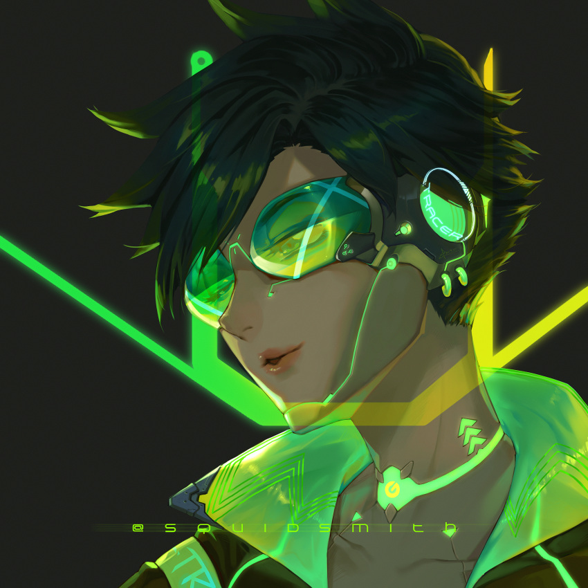 1girl artist_name bangs black_background black_hair brown_hair character_name cyberpunk_2077 cyborg earrings glowing goggles green_theme half-closed_eyes headphones highres jewelry lips lipstick looking_away makeup overwatch parted_lips portrait robot_joints short_hair smile solo spiky_hair squidsmith swept_bangs tracer_(overwatch)