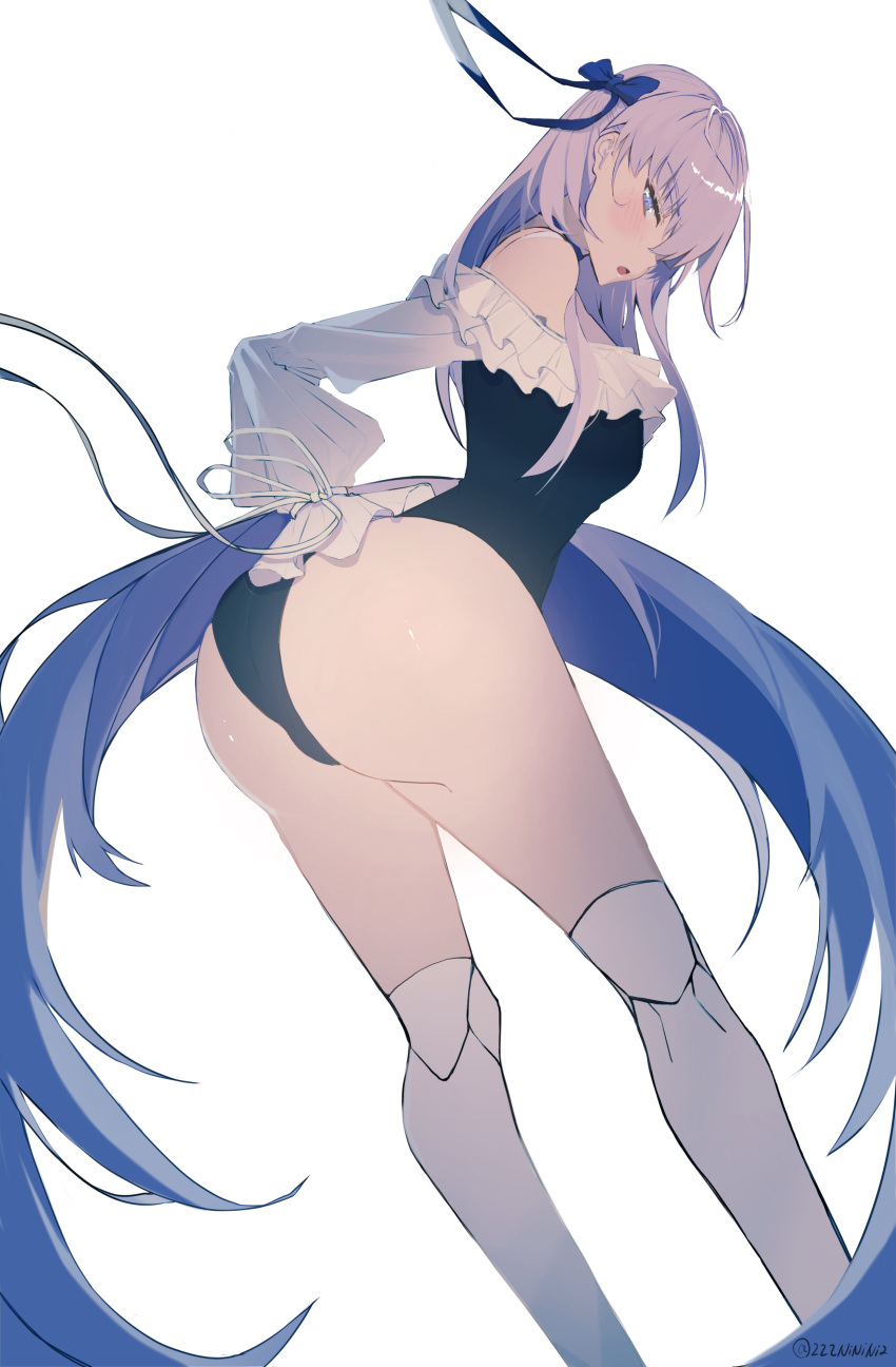 1girl absurdres artist_request ass bangs bare_shoulders blue_eyes blue_ribbon blush breasts choker fate/grand_order fate_(series) frills greaves hair_ribbon highleg highleg_swimsuit highres long_hair long_sleeves looking_at_viewer meltryllis meltryllis_(swimsuit_lancer)_(fate) off-shoulder_swimsuit one-piece_swimsuit open_mouth prosthesis prosthetic_leg puffy_sleeves purple_hair ribbon simple_background sleeves_past_fingers sleeves_past_wrists small_breasts solo swimsuit thighs very_long_hair white_background white_ribbon