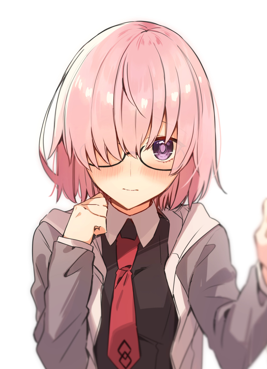 1girl absurdres bangs black_dress blush breasts commentary_request dress eyebrows_visible_through_hair fate/grand_order fate_(series) glasses hair_over_one_eye highres lavender_hair looking_at_viewer mash_kyrielight necktie red_neckwear short_hair simple_background smile solo violet_eyes wasa_(pixiv29582664) white_background