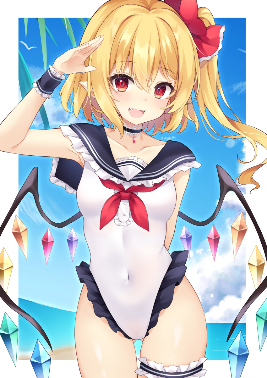 1girl absurdres arm_up ass_visible_through_thighs blush breasts choker collarbone covered_navel crystal fang flandre_scarlet highres miy@ one-piece_swimsuit one_side_up open_mouth pointy_ears red_eyes red_ribbon ribbon shiny shiny_skin short_hair side_ponytail small_breasts smile solo swimsuit touhou white_swimsuit wings